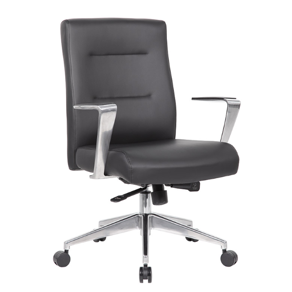 BLACK EXECUTIVE CHAIR, ALUMINUM ARM & S350 ALUMINUM BASE.