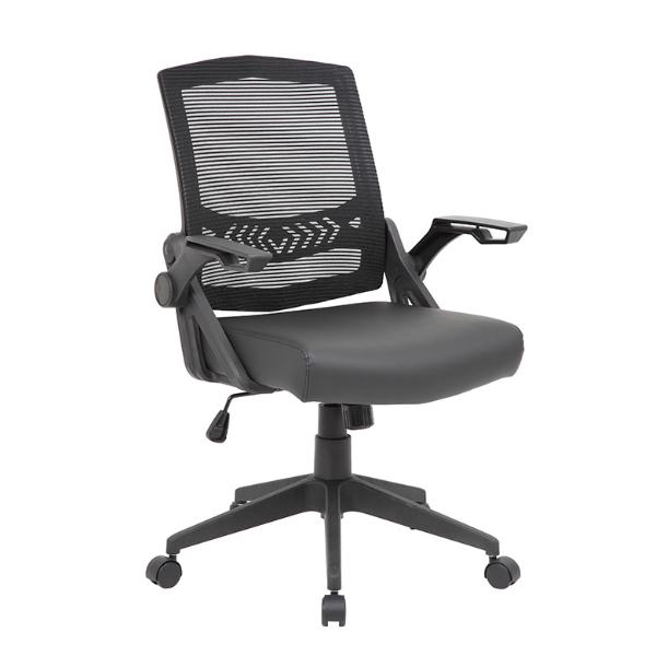 MESH BACK CHAIR,GUN METAL FINISH PADDED MESH FLIP ARMS,AM